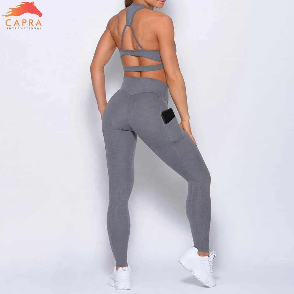 High Waisted Fitness Leggings and Sports Bra Sets Sexy Plus Size Pants With Pockets Women Yoga Gym Set Wholesale