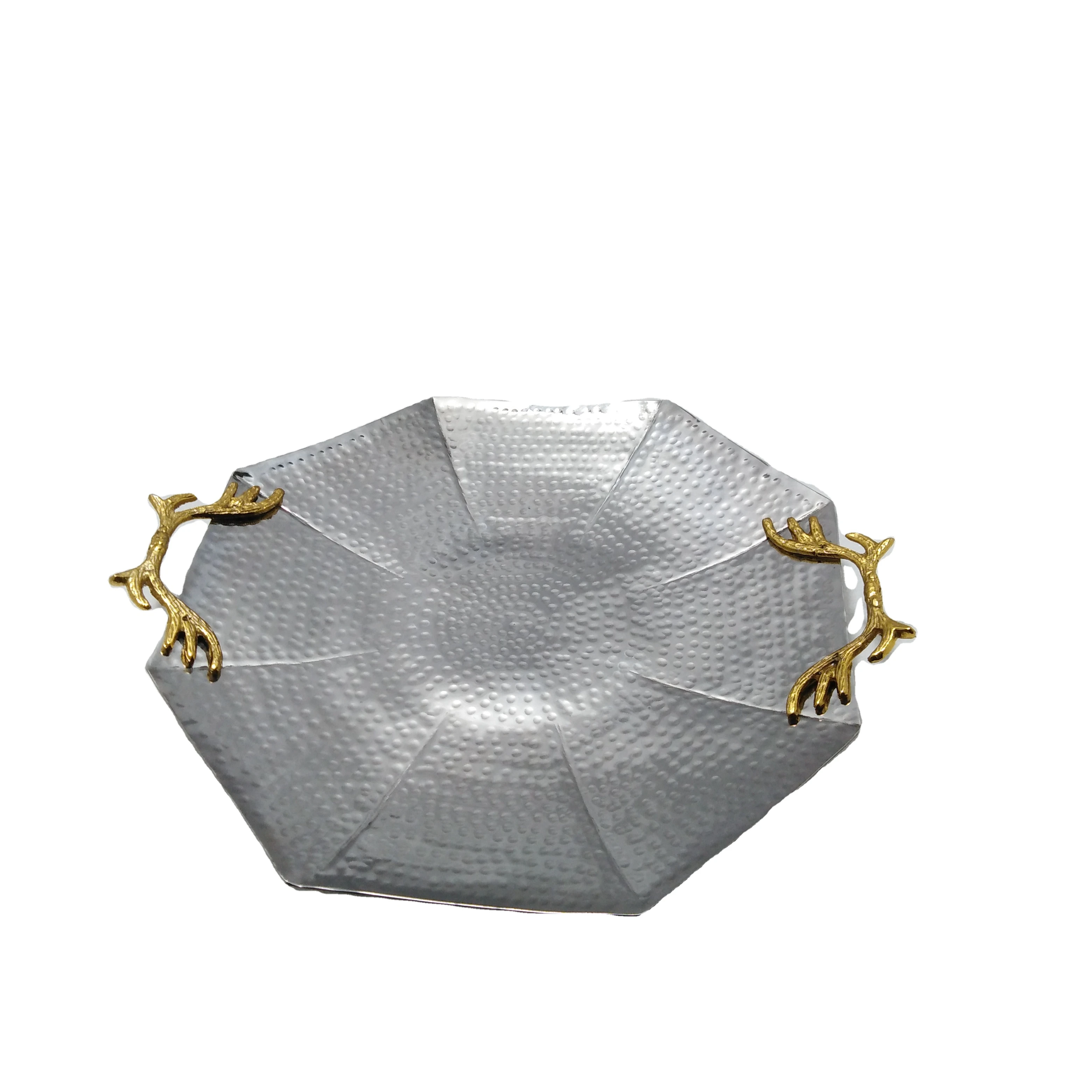 
stainless steel hammered polished round plate with brass handle 