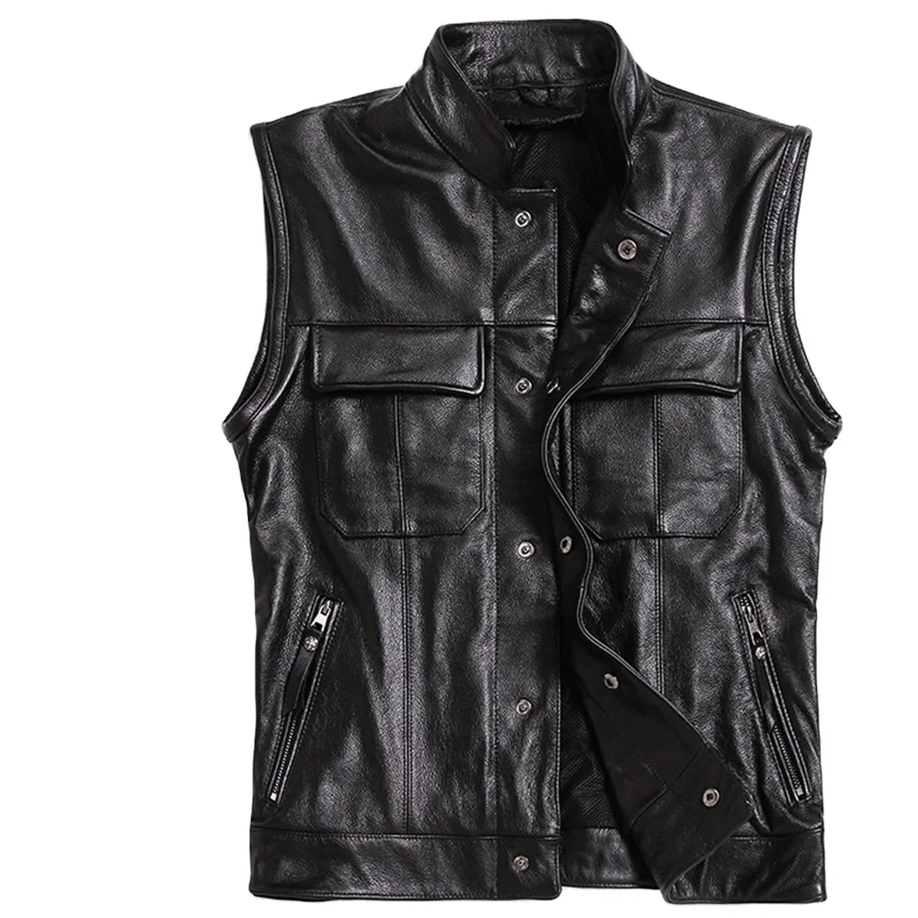 Classical Motorcycle Biker Leather Vest Men Genuine Leather Sleeveless Vest real Cowhide