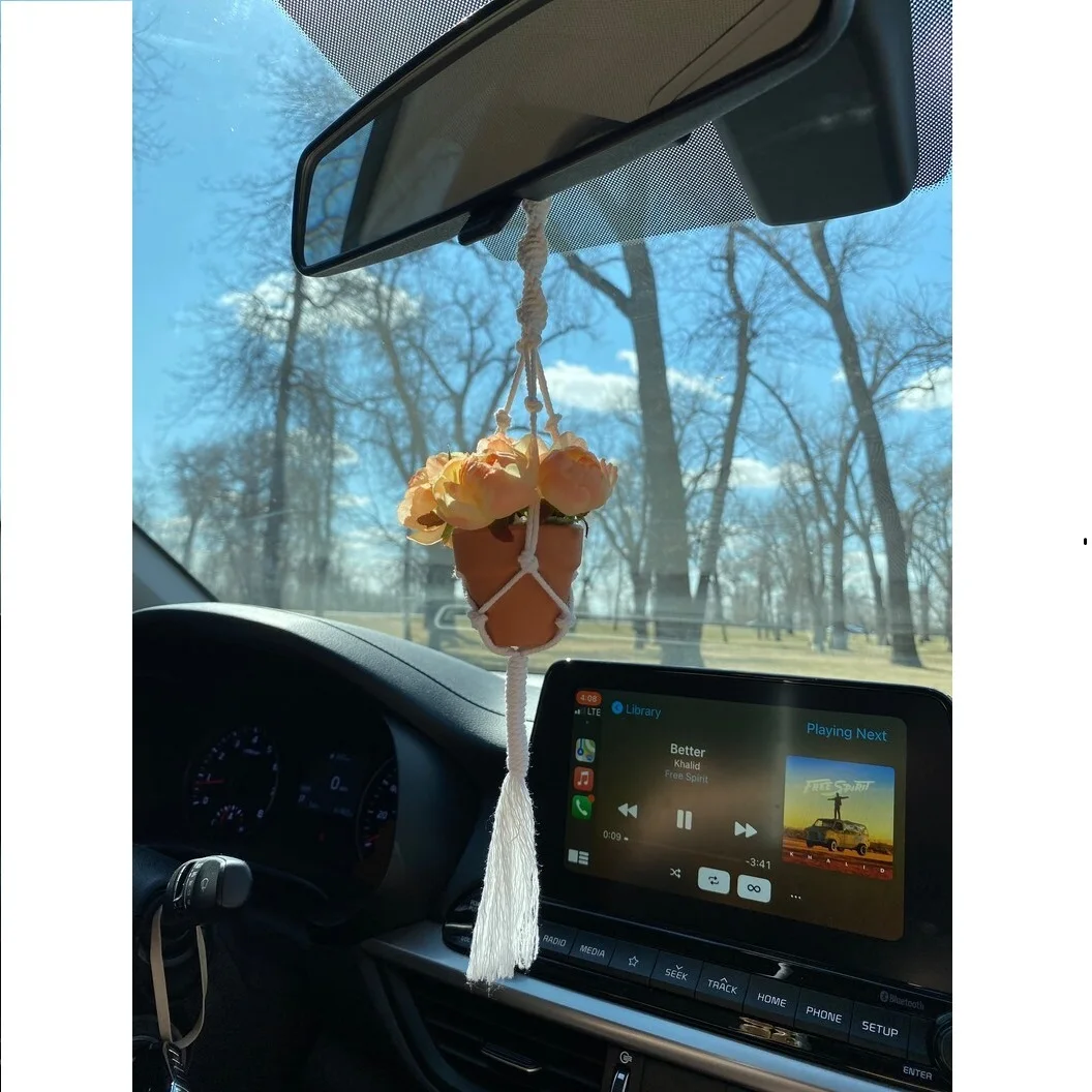 Macrame Mini Car Plant Hanger Rear View Mirror Car Accessories With Coral Beads  From Isar International