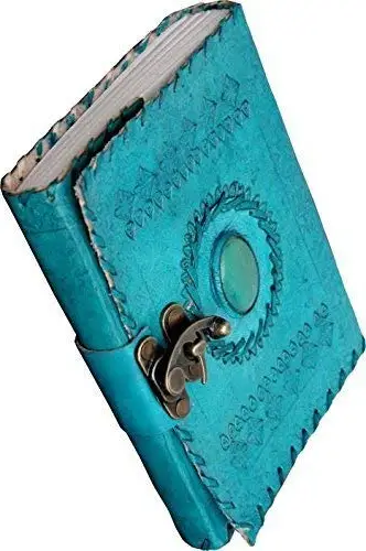 Handmade paper Leather Diary with lock, embossed mandala print with single stone with lock, travel notepad and dairy