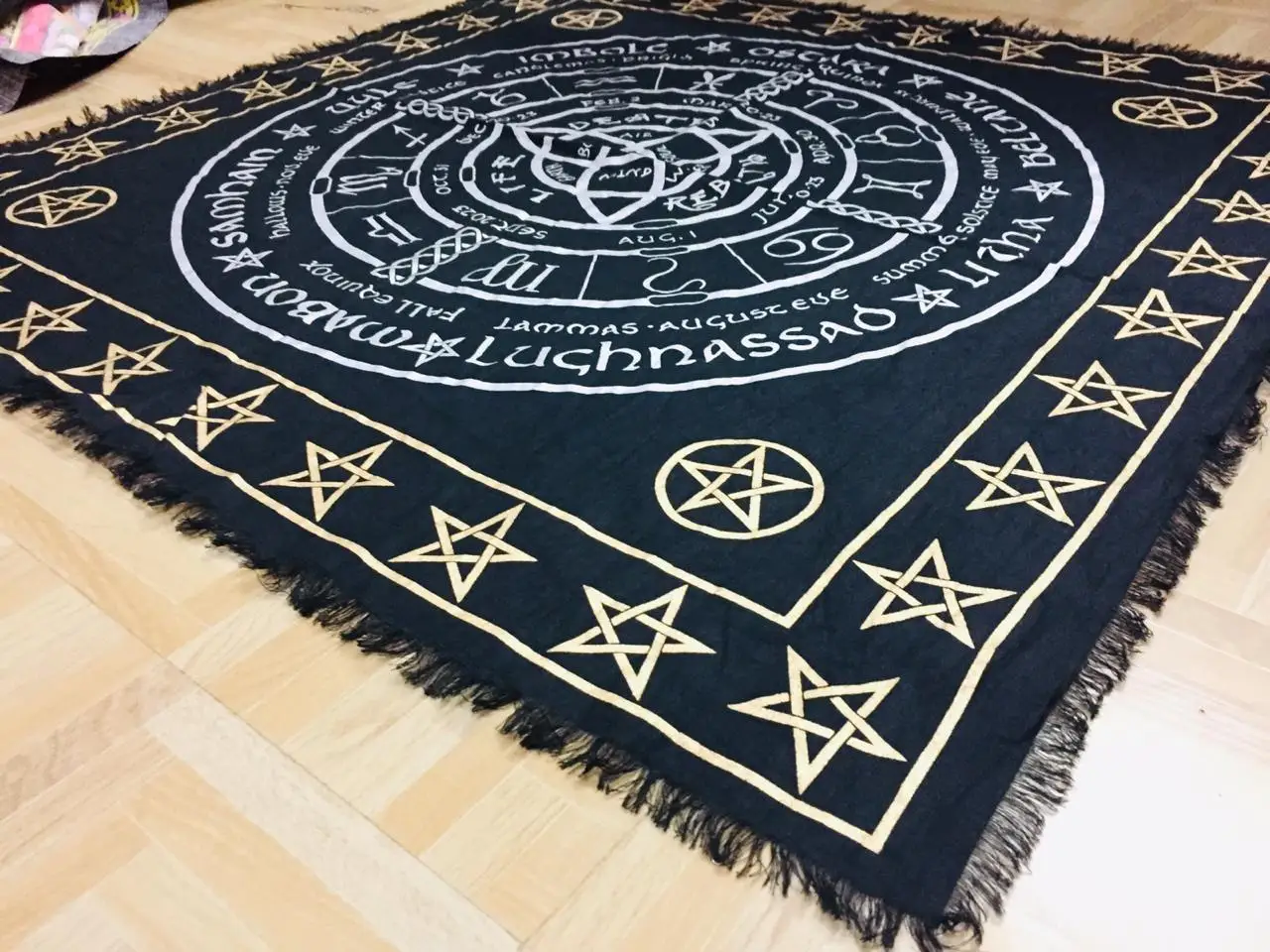 Pagan Wheel Altar Cloth Alter Cotton Fabric Handmade Alter Witchery Home Decor Black Silver