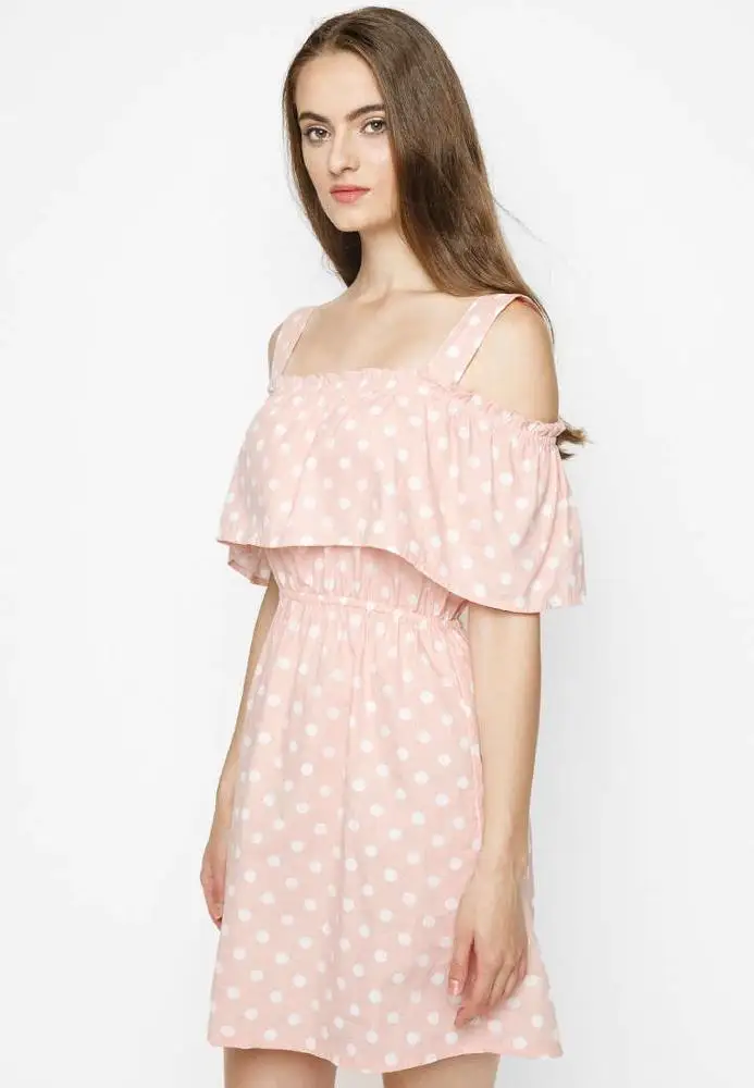 OEM/ODM manufacturer The fashionable women U-neck short sleeve slip off shoulder design dot print dress made in Vietnam