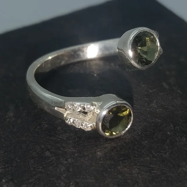 Real Round Moldavite Stone Sterling Silver Ring Studded With Diamond From Origin Good Quality Definitely Genuine