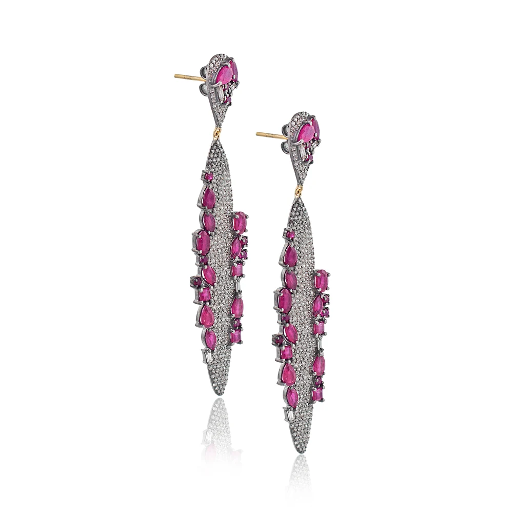 Ruby Gemstone Natural Pave Diamond 14k Gold, 925 Silver Pave Diamond Designer Marquise Dangle Earrings Jewelry Wholesale