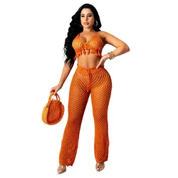 Wholesale 2022 Summer Fashion Cross Halter Beach Crochet Top and Pants 2pcs Set