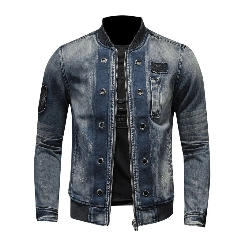 European Style Stand Collar Patch Bomber Pilot Blue Denim Jacket Men Jeans Coats Motorcycle Casual Outwear Clothing Overcoat