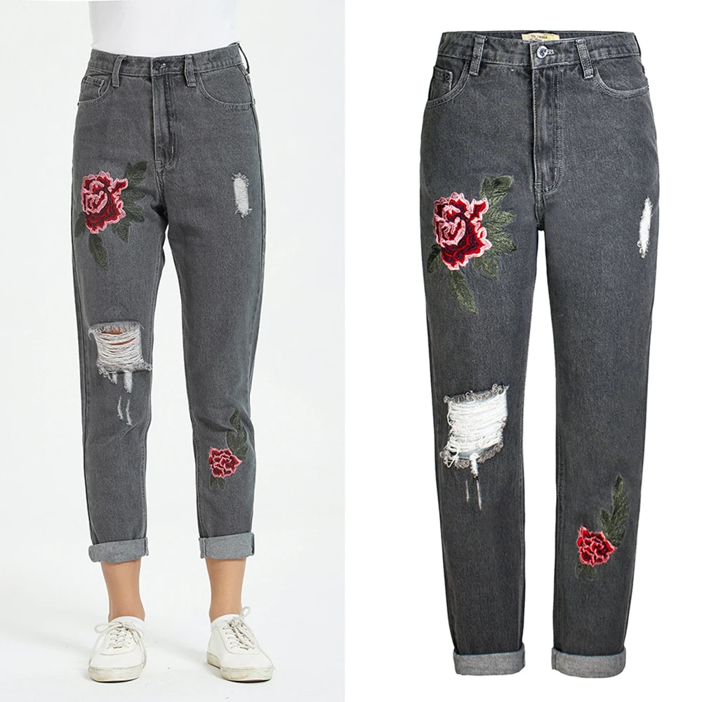 
Flower Embroidery Jeans High Waist Female Pocket Straight Jeans Women Bottom Hole Casual Denim Pants 