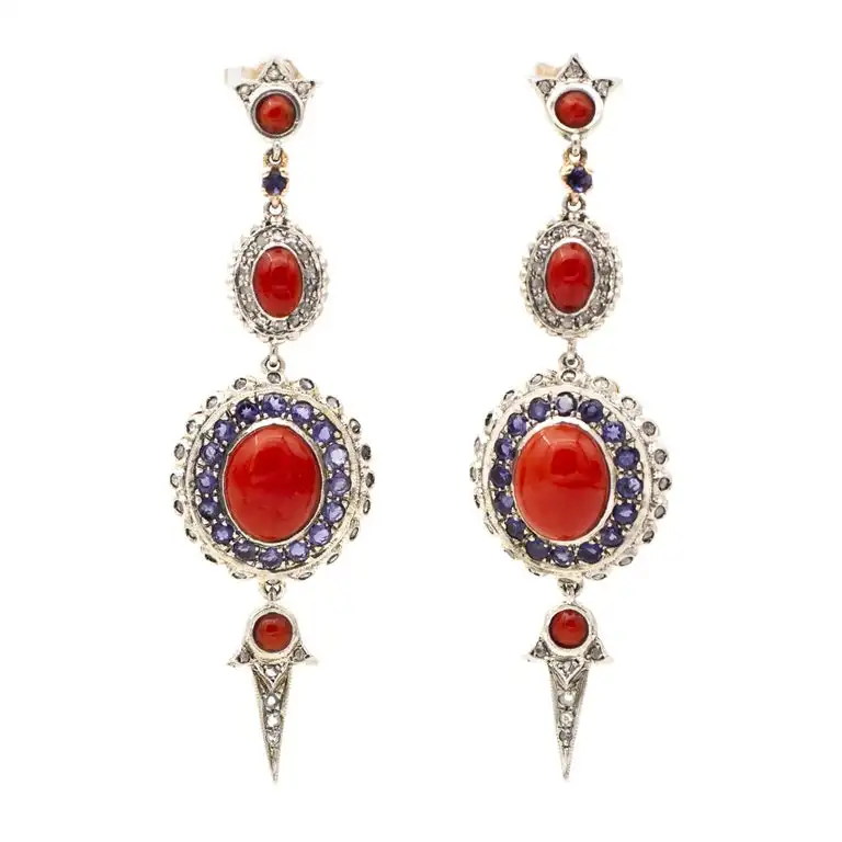 
Diamonds, Tanzanites, Coral, Rose Gold and Silver Dangle Earrings 