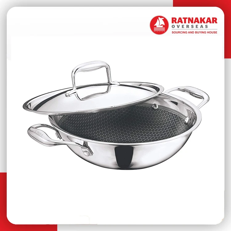 2022 Hot Selling Iron Kadhai Induction Bottom Non Stick Stainless Steel Cookware Sets Steel Lid Gift Box & Master Carton 1000pcs