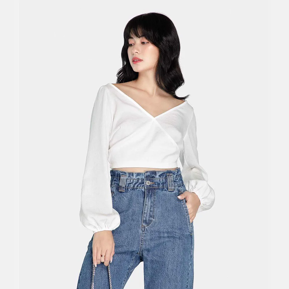 Женская рубашка с длинным рукавом однотонный тканый короткий топ глубоким V-образным вырезом