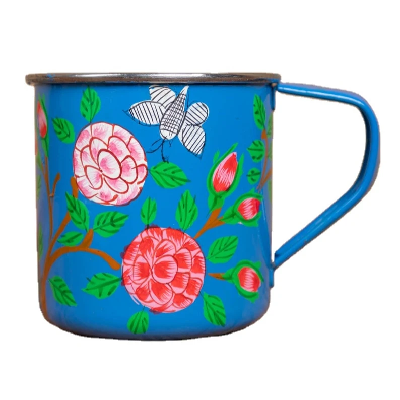 Latest design hand painted tea mugs Floral Hand painted Stainless Steel Enamel Mugs and cups from Kashmir, India