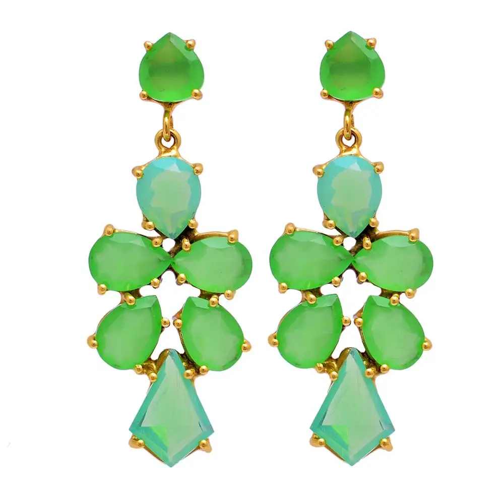 Prehnite Chalcedony Gemstone Dangle Earrings Moonstone Micron Gold Plating 925 sterling silver jewelry Bulk Order