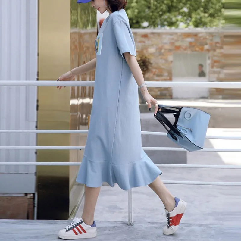 Hot sale custom casual cotton t shirt dress summer long skirt women clothing loose oversized graphic print ruffles midi dresses