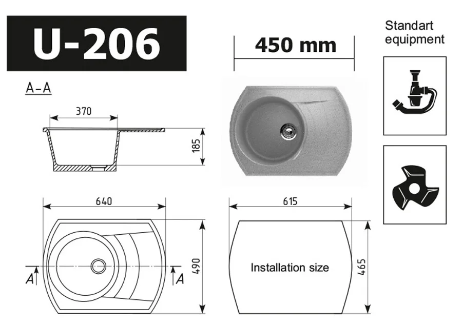 ULGRAN U-206 Reversible, Composite Artificial Durable Good Quality Granite Kitchen Sink Single Bowl Inset Sinks 450 Modern 15,1