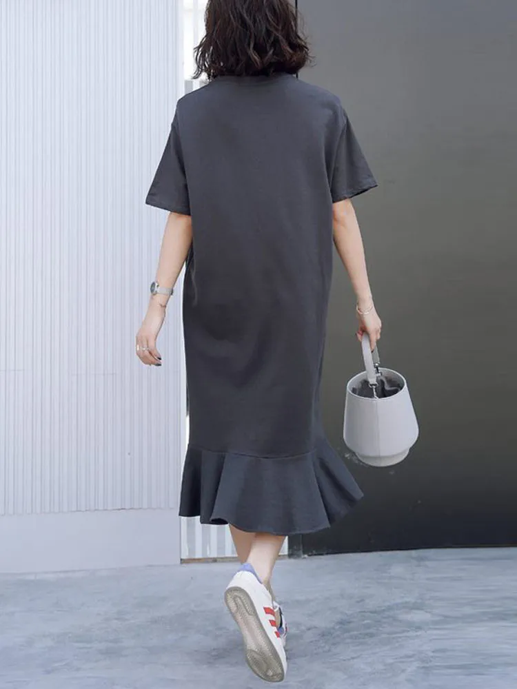 Hot sale custom casual cotton t shirt dress summer long skirt women clothing loose oversized graphic print ruffles midi dresses