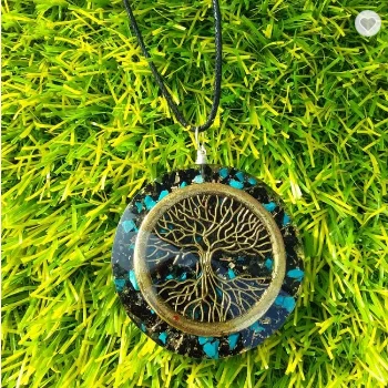 New Orgone Black Tourmaline And Turquoise With Tree of Life Logo Pendant