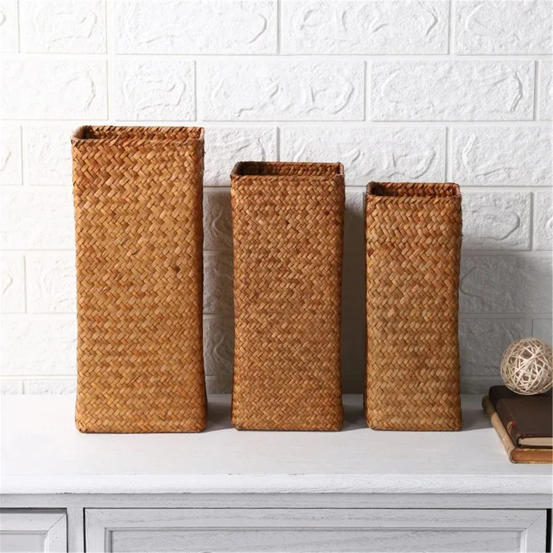 Natural Tall Rectangle Straw Seagrass Vase Open Weave Floor Flower Vase Table Vase Decorative Home Office Hotel from Vietnam FBA