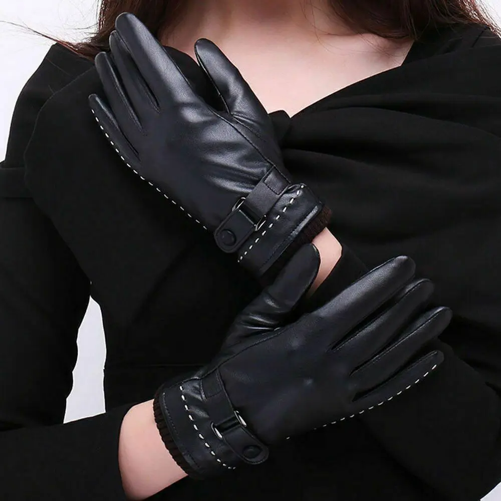 Women Winter Gloves Warm Leather Solid Thermal Black Buckles Smart Touch Fashion Leather Gloves