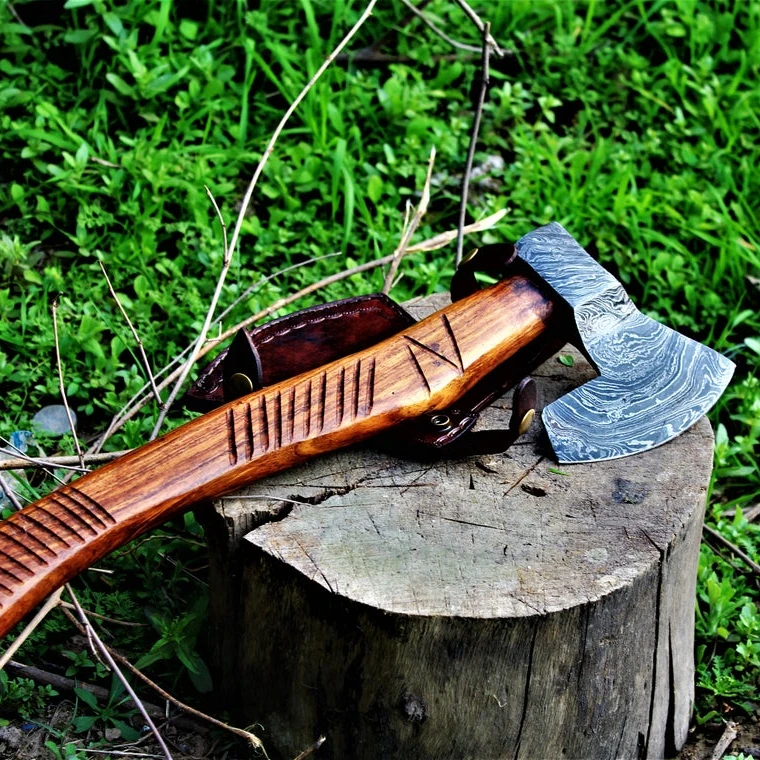 Damascus Steel Axe Handmade Hunting Viking Axe hand carved axe beautiful handle carved