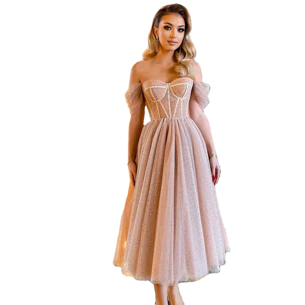 Pink A Line Off Shoulder Evening Gowns 2022 Serene Hill LA71289 Tea Length Midi Party Prom Dress Corset Style