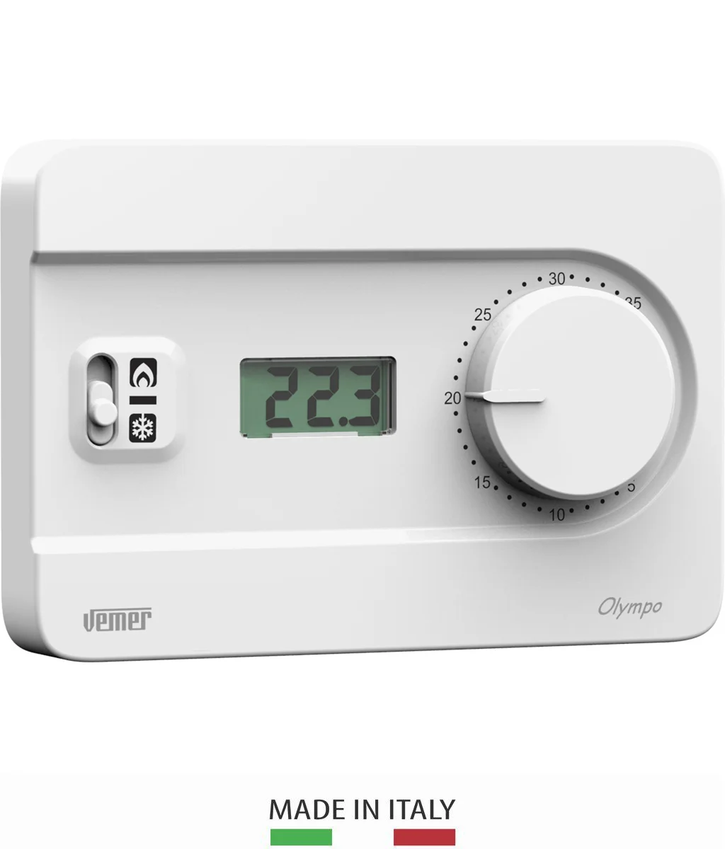 Olympo LCD Bianco VE757700 Wall thermostat with battery power supply.