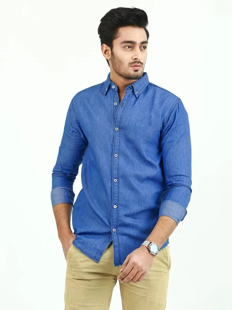 Custom Mens Button Front Heavy Denim Shirt With sailor Collar
