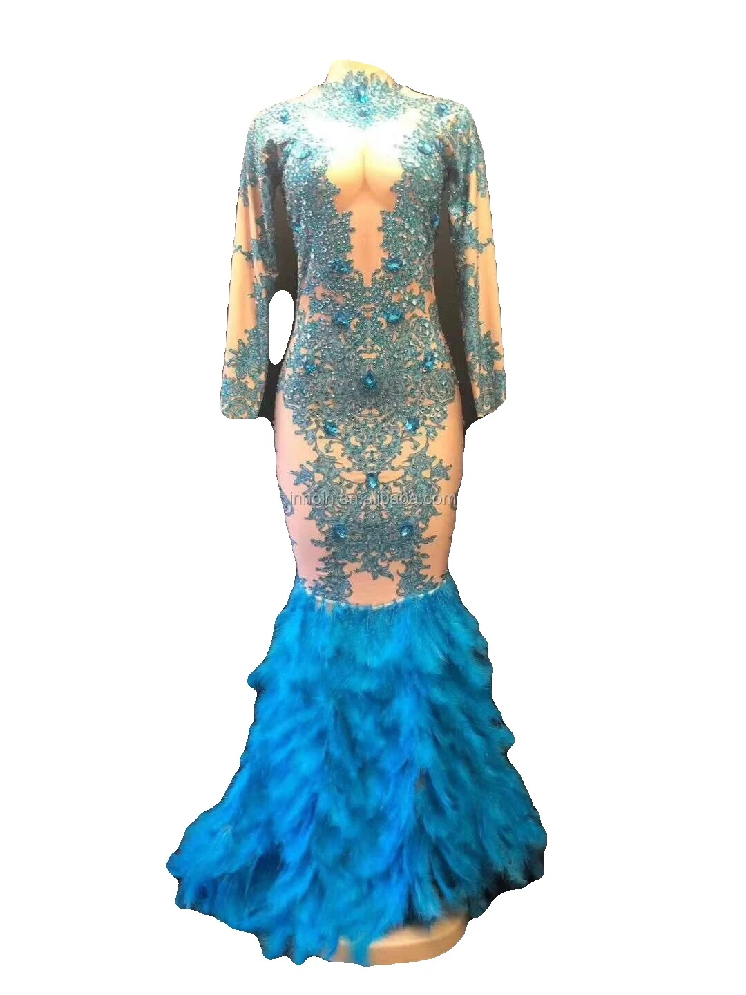 
Sparkling Sapphire blue Rhinestone Feather Trailing Dress Birthday Celebration Banquet Evening Wear Concert Ball Singer Dress 