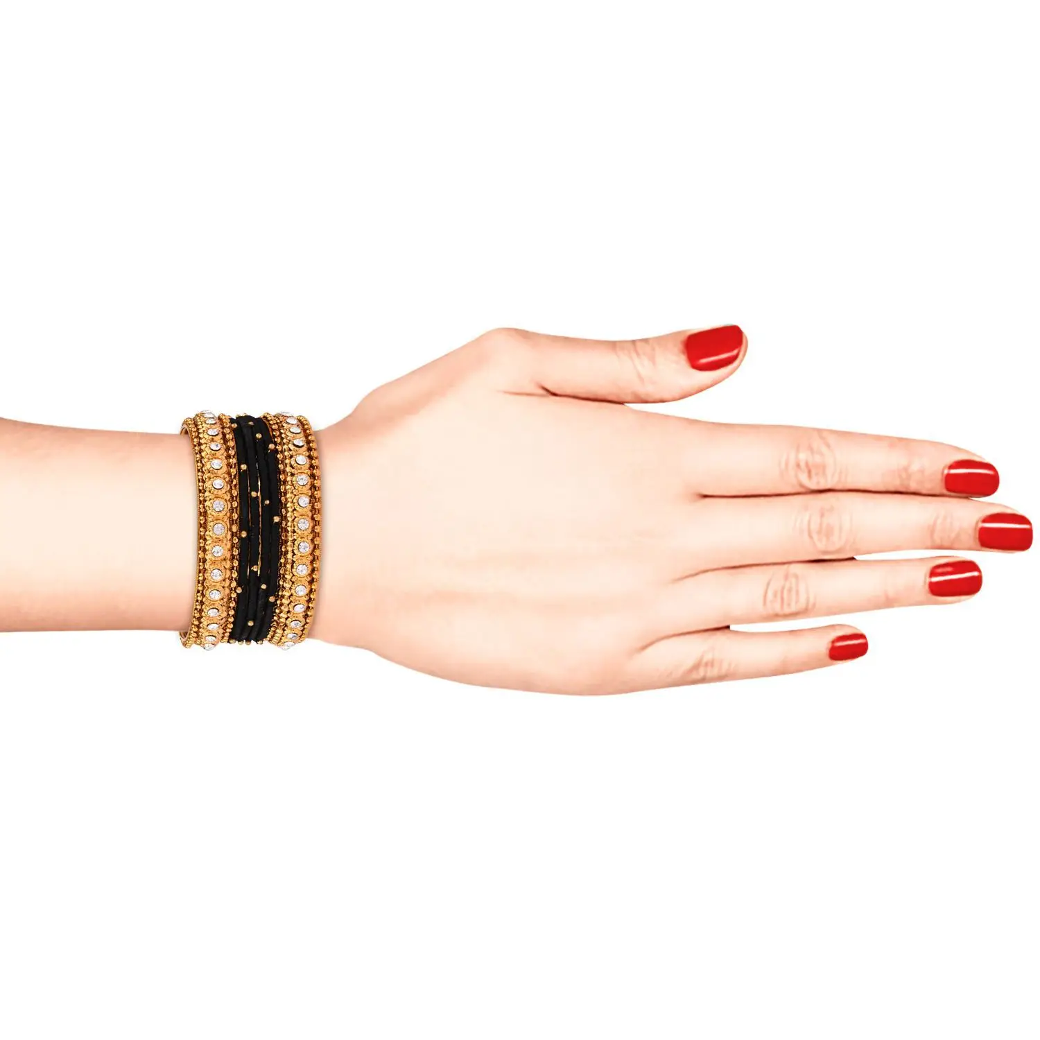 Fashion Jewelry Indian Gold Plated Crystal Beaded Black Color Silk Thread Bracelet Bangle Set (20 pc)
