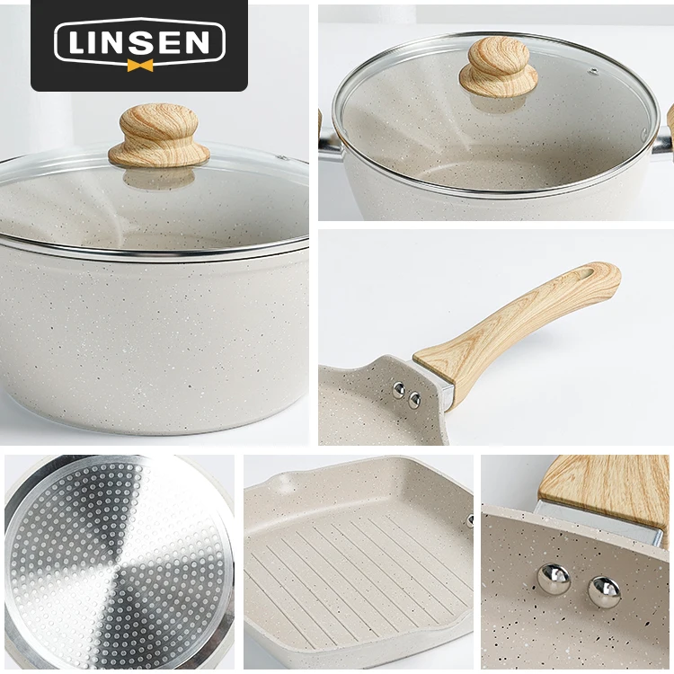 7/10/16Pcs OEM Die Cast Aluminum Composite Bottom White Marble Non Stick Pots And Pans With Wooden Handle Cookware Sets
