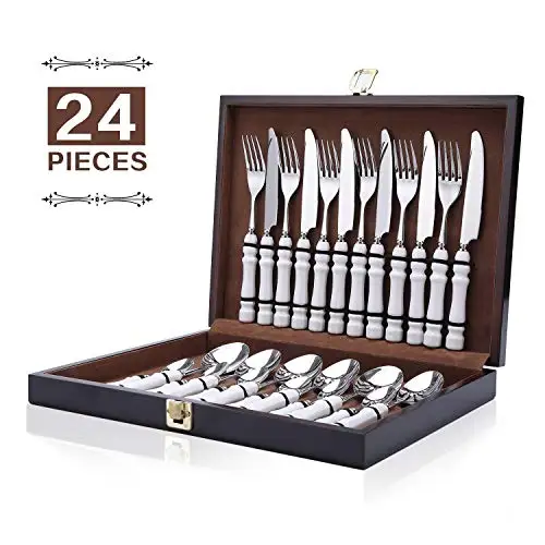 Silverware Set, 24 Pieces Modern Stainless Steel Flatware Luxury  Cutlery Set With Ceramic Handle, White Cutlery Set , Knife
