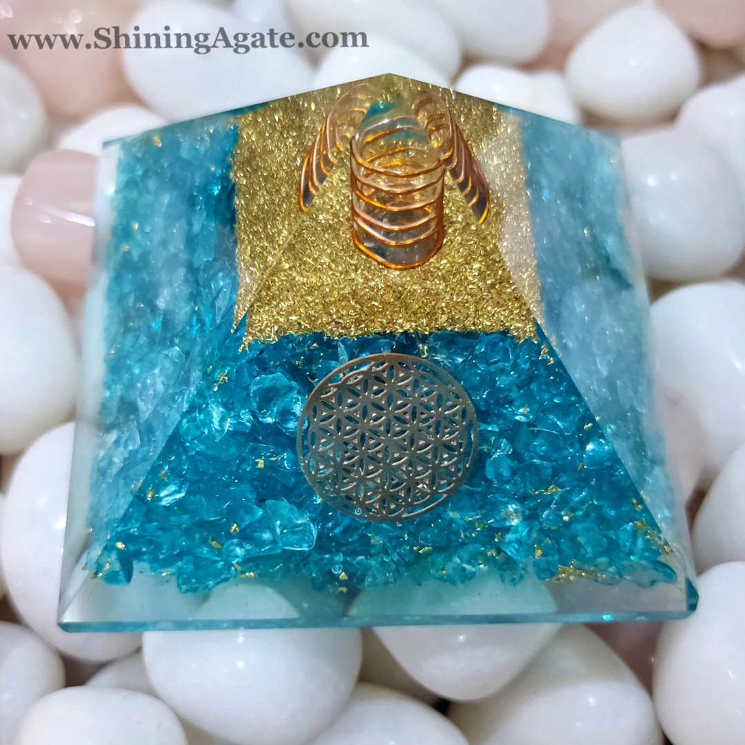 Blue Color Dyed Orgone Flower Life Symbol Pyramid Orgonite Pyramid for EMF Protection Reiki Healing Pyramid for Meditation
