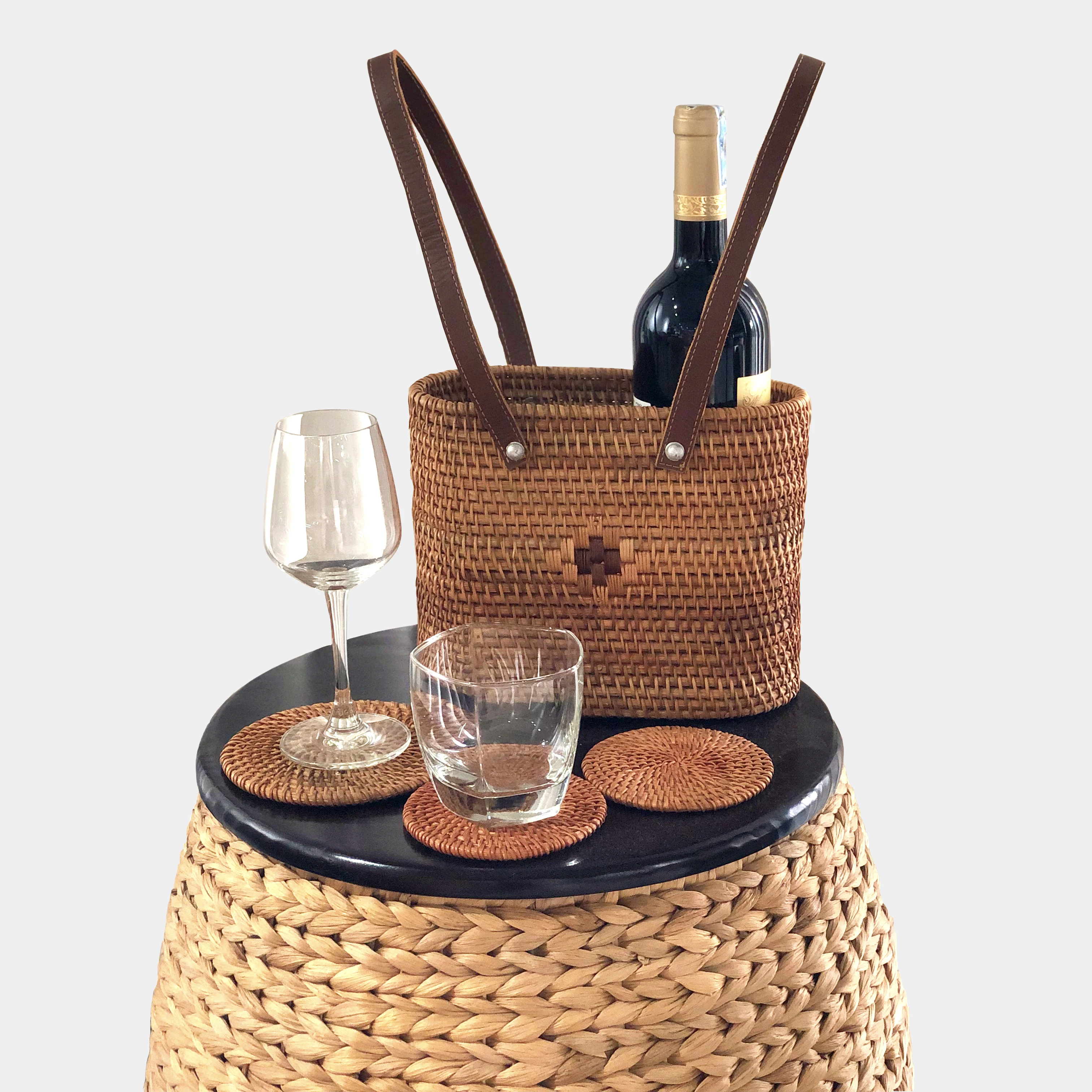 MAJORCA Leather Handles  Rattan Woven Storage Basket For Drinks Bottle Holder Carry Case Camping Wine