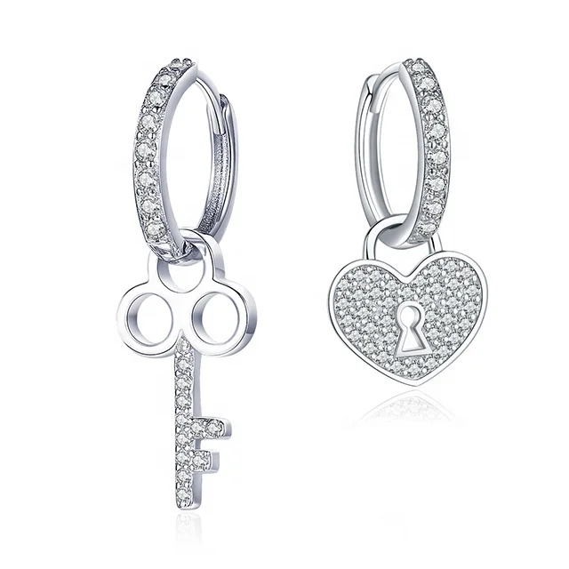 Fashion 925 sterling silver keys and locks cubic zirconia dangle handmade drop earrings hoop