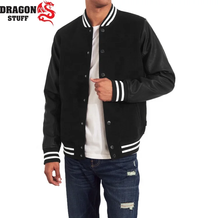 Patches Custom Dark Black Wool Jackets With Genuine Black Cow Leather Sleeves Wholesale College Letterman Jacket