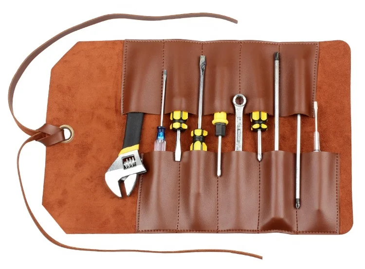 Topgood Waterproof PU Handmade Soft Leather pu Roll bag Tools Bag with 10 Pockets for electrician