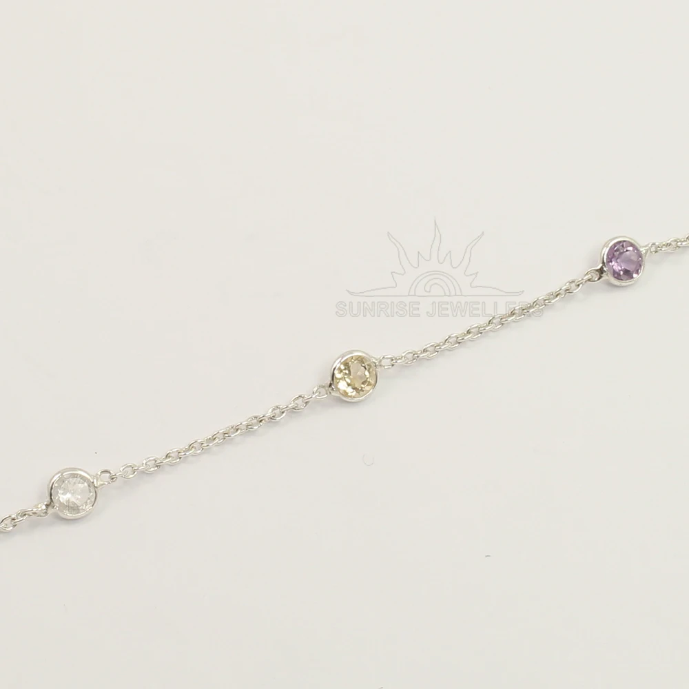 Peridot, Crystal Quartz, Citrine, Amethyst, Garnet Bezel Chain Bracelet Solid 925 Sterling Silver Women Fashion Jewelry