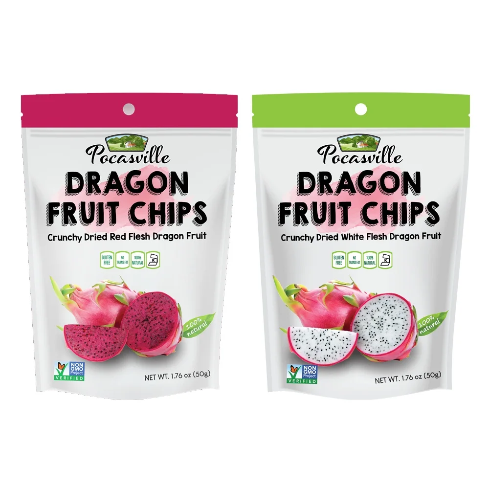 
Pocasville Natural Freshly Dried Dragon Fruit Chips 2 Bulk Bags / 5.5 Pounds & 12 Pouches / 4 Ounce 