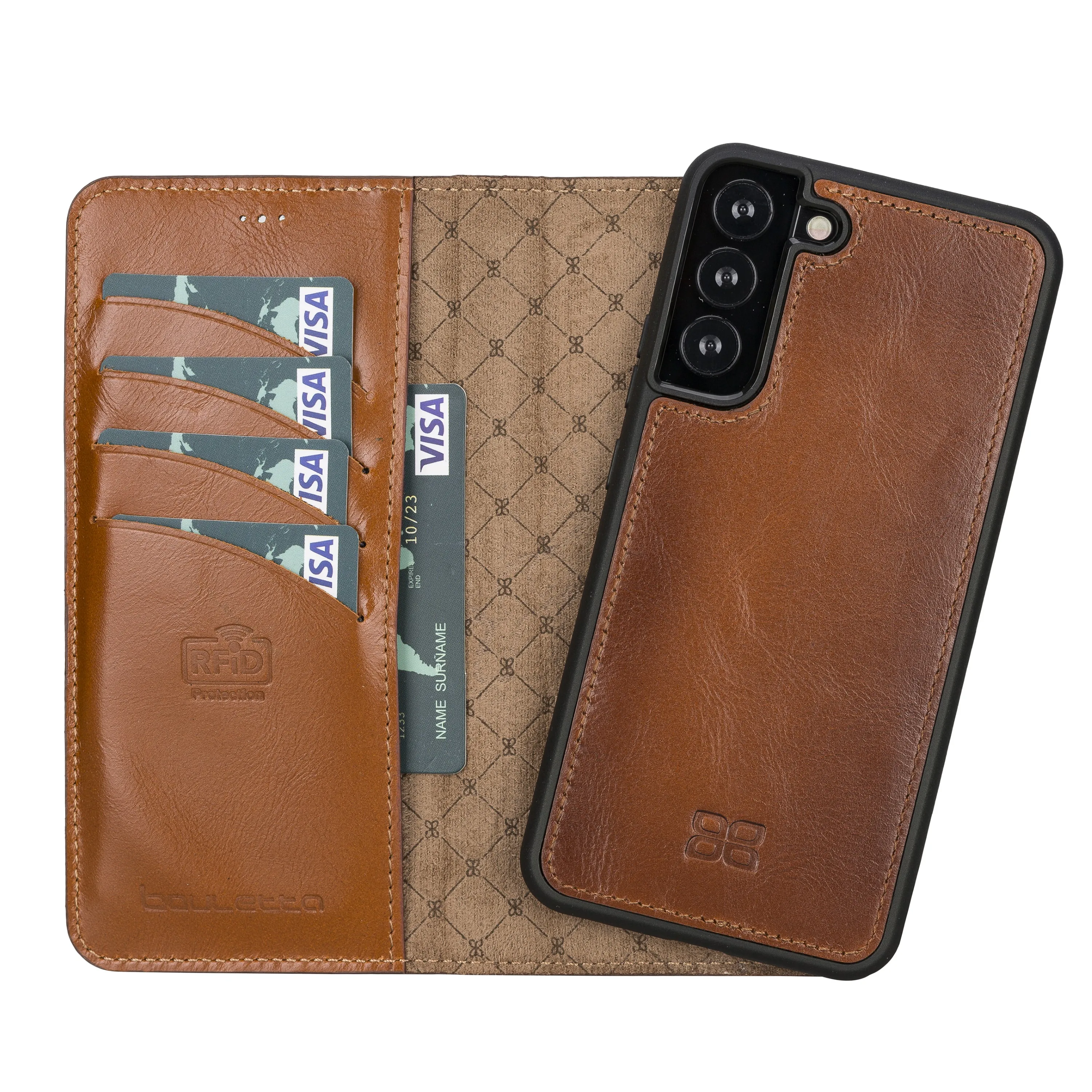 Genuine Leather Handmade Magnetic Wallet Phone Case for Samsung Galaxy S22 Plus + Rfid and Wireless Charging Compatible