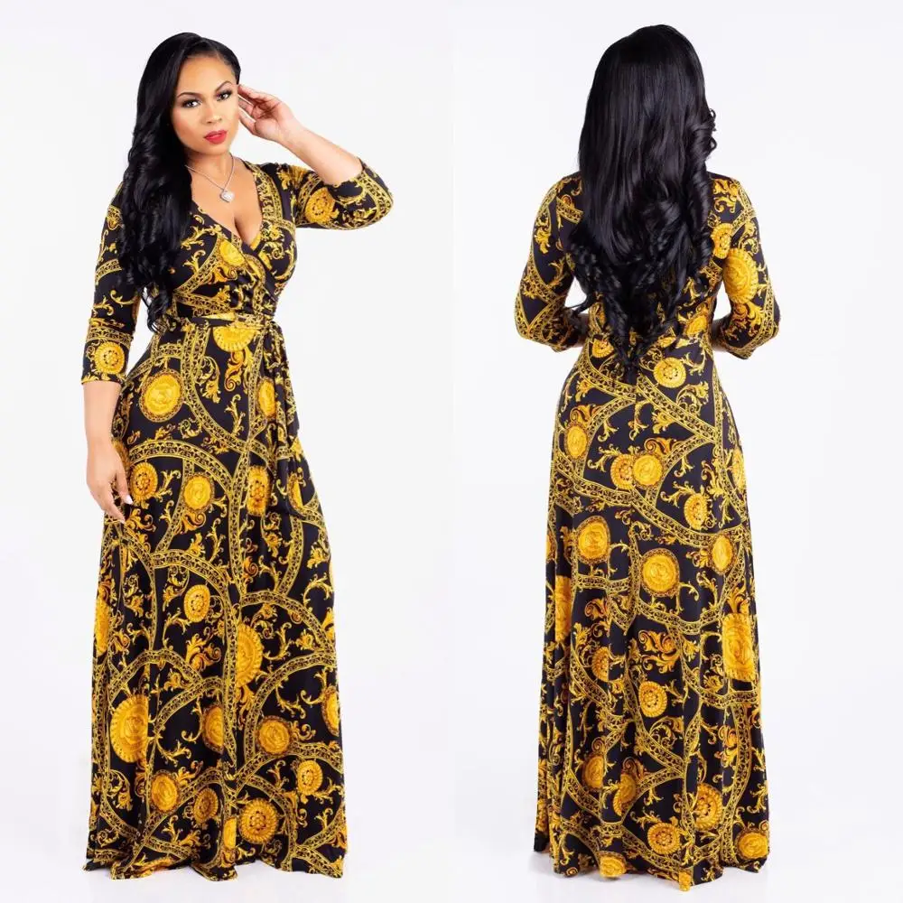 Casual Deep V-Neck long Sleeve Maxi Dress Flower Printed Women Plus Size Dresses