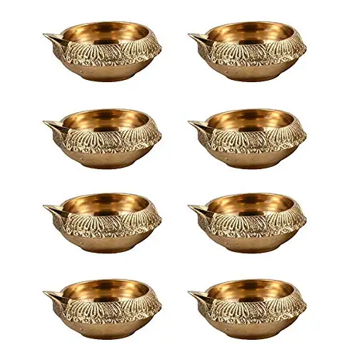 Decorative Handcrafted Indian Puja Brass Oil Lamp Golden Diya Lamp Engraved Design Dia - 2.5 Inch