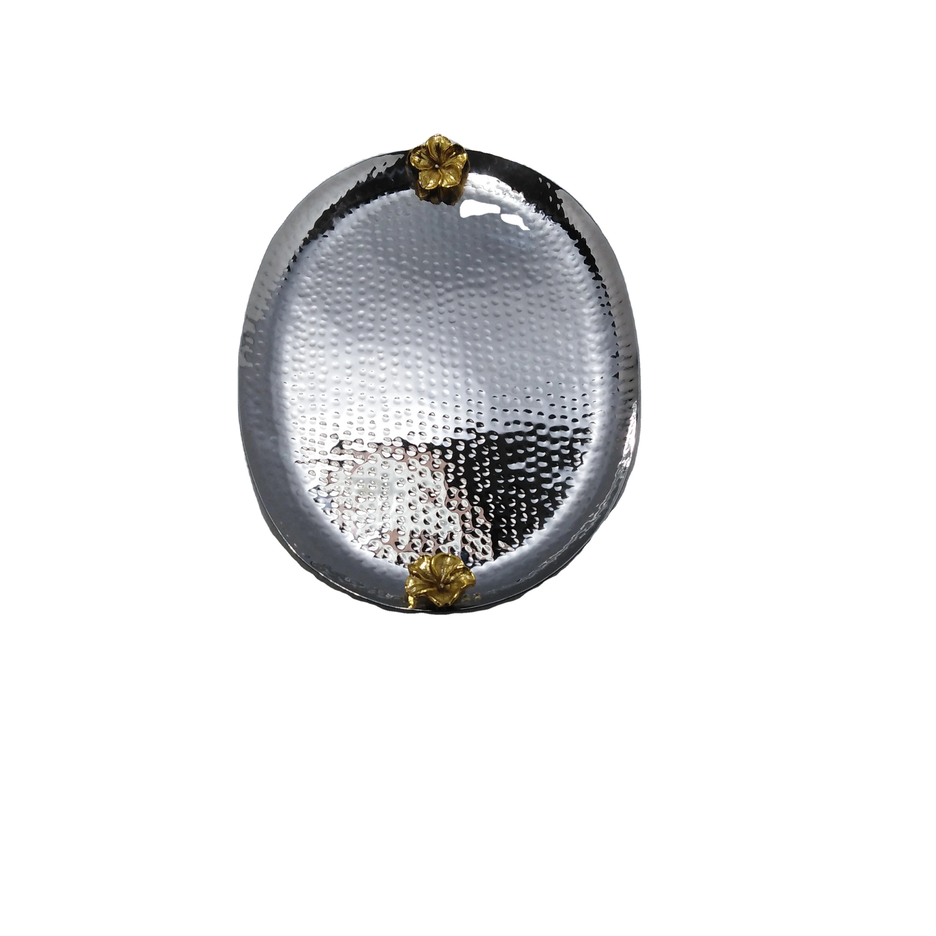 stainless steel  hammered  polished round plate with brass handle