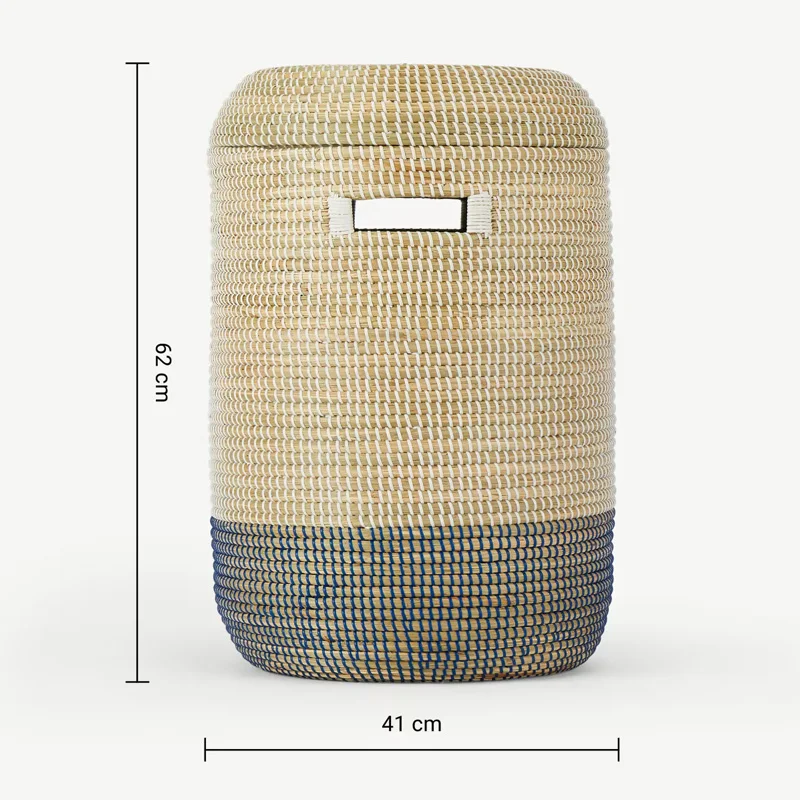 Best Supplier White & Navy Blue Weave Seagrass Laundry Basket Lidded laundry hamper Boho Storage Basket