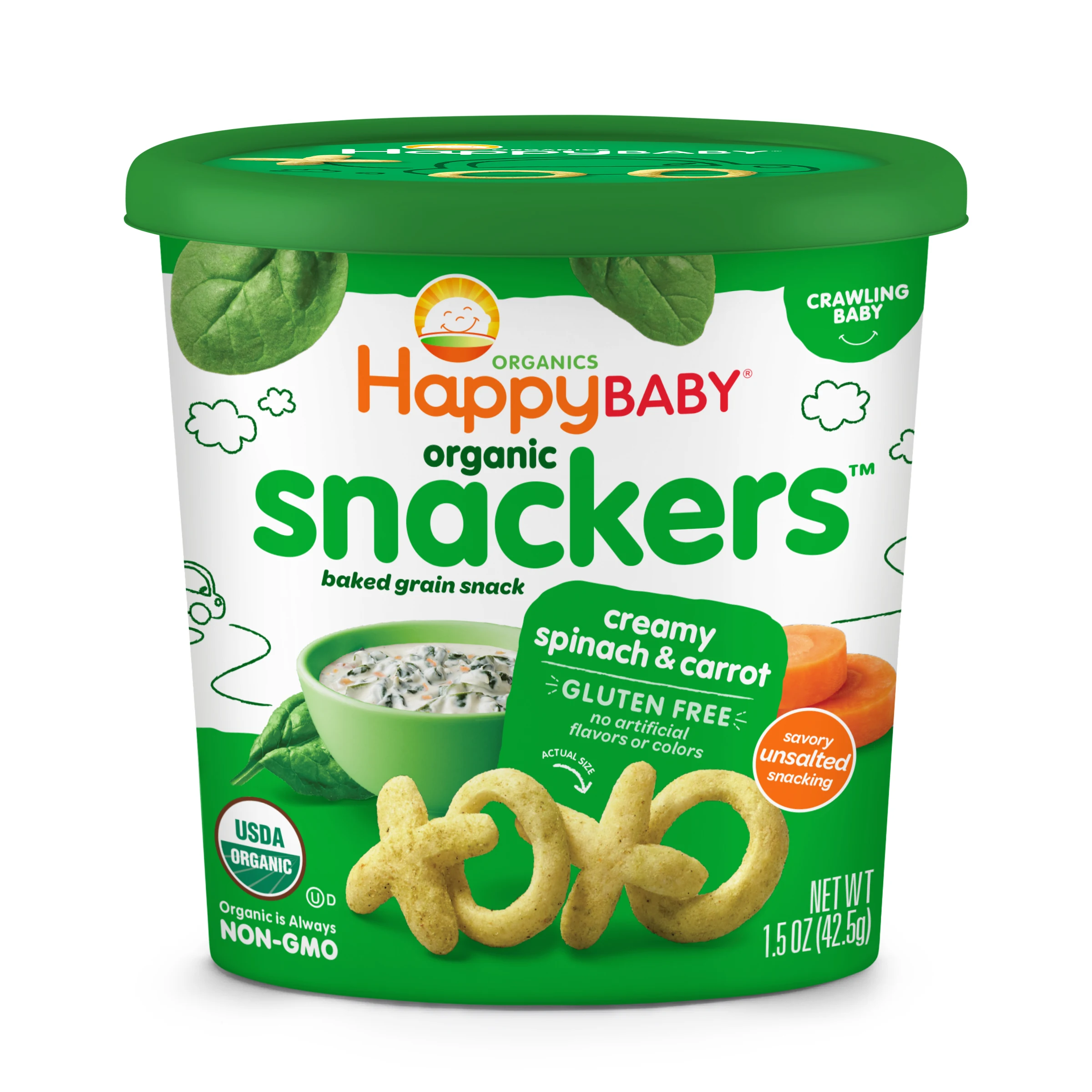 Gluten Free 100% Organic Healthy Baby Snackers Unsalted with Creamy Spinach & Carrot