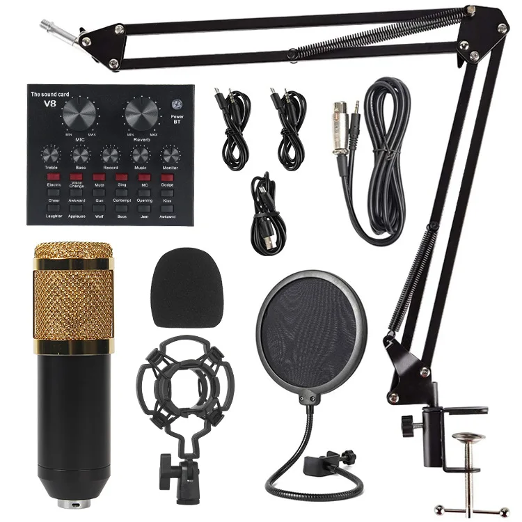 BM800 Condenser Microphone Kit Pro Audio Studio Sound Recording Microphone with V8 Muti-functional Sound Card