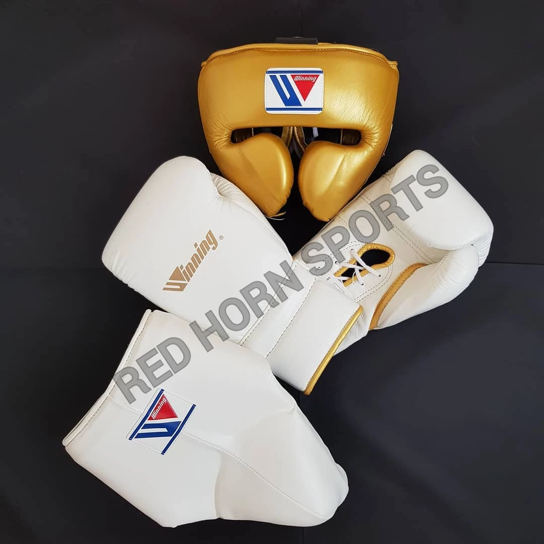 Winning 100% Original Leather Boxing gloves Head Guard and groin guard set, Custom Name and Logo boxing set
