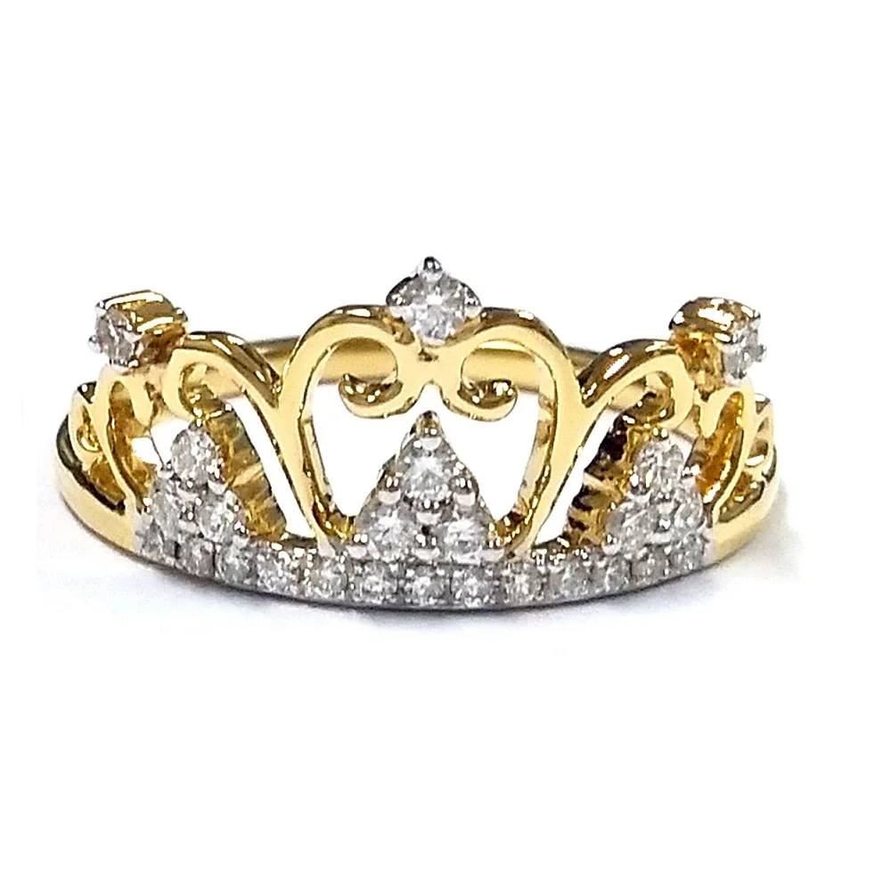 Unique Crown Bride Design 18k Solid Yellow Gold Natural Round Diamond Trendy Band Ring For Teen Girl