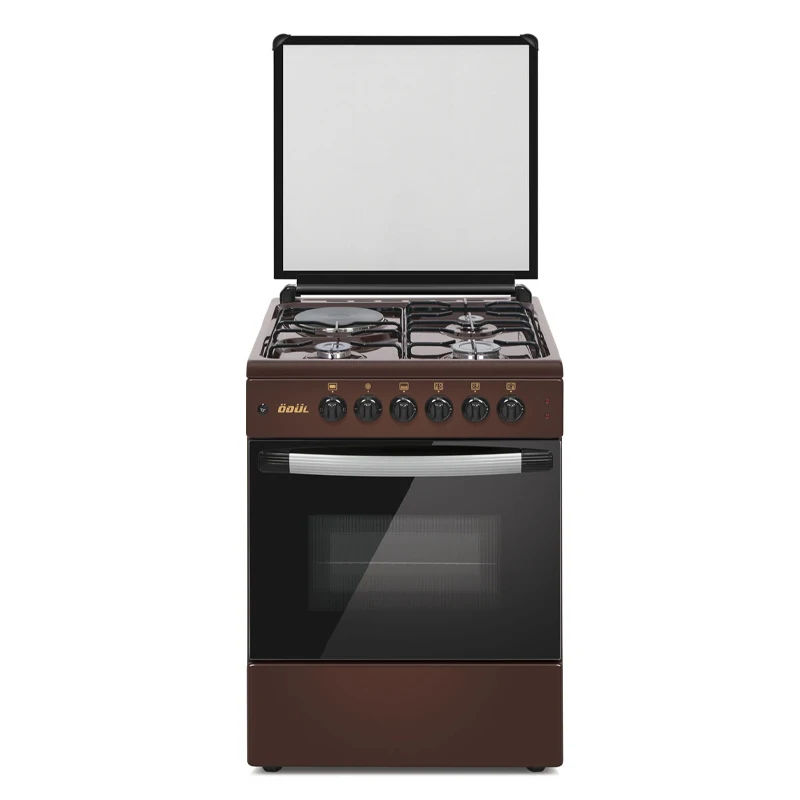 Elitline 60x60 Brown Top Table With 3 Gas Burners 1 Electrical Hotplate Brown Body Glass Cover Free Standing Oven