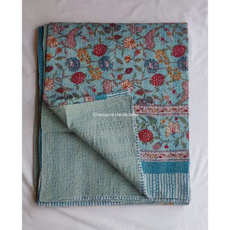 New Indian Sky Blue Floral Hand Block Print Cotton Kantha Quilt Indian Handmade Beautiful Floral Wholesale Kantha Bedspread