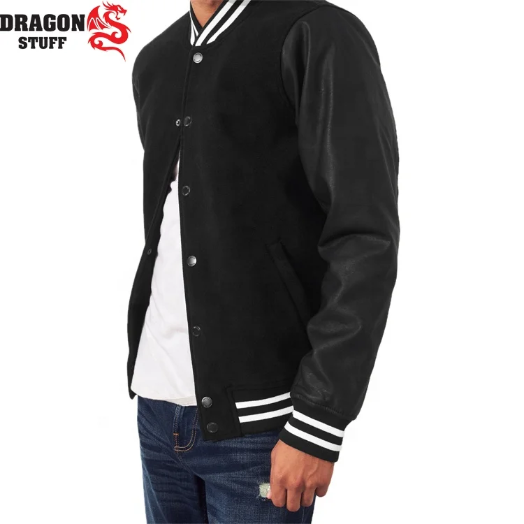 Patches Custom Dark Black Wool Jackets With Genuine Black Cow Leather Sleeves Wholesale College Letterman Jacket